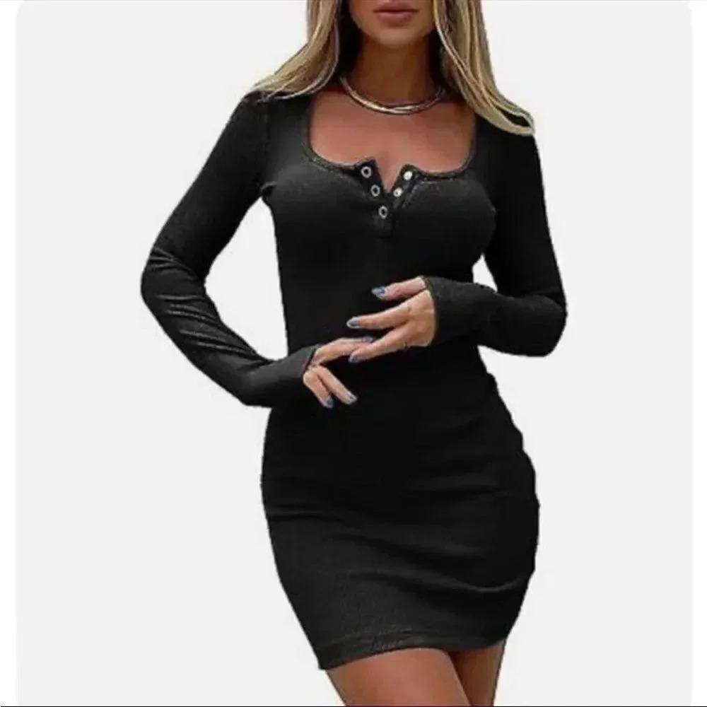 BTFBM LONG SLEEVE RIBBED BODYCON VNECK BUTTON CLOSURE DARK BLUE MINI DRESS L